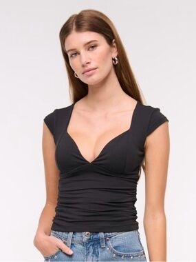 Abercrombie & Fitch Zoe Bra-Free Black Ruched V-Neck Cap Sleeve Top